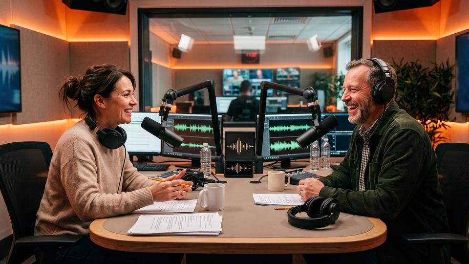 Iris and Owen at their microphones